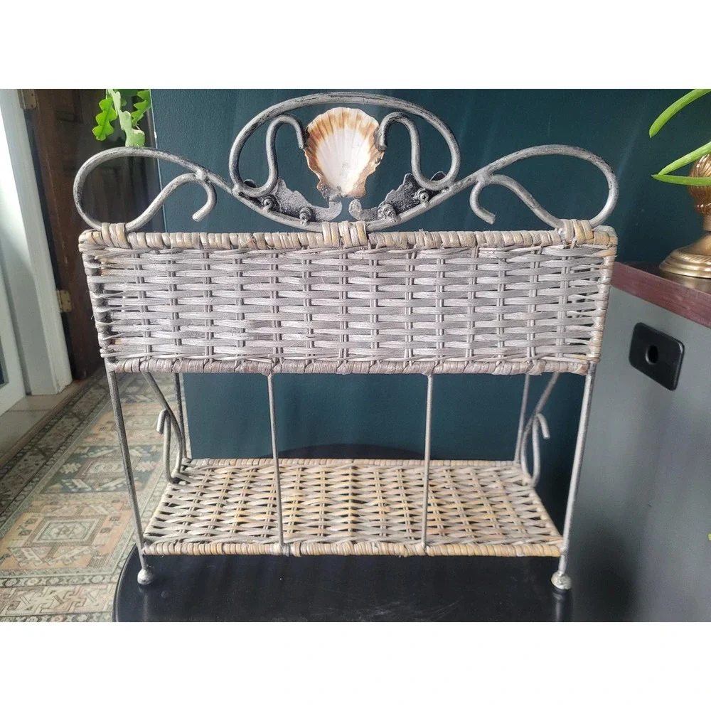 Coastal Wicker & Metal Two-Tier Shelf | French Country Cottage Decor Seashell‎